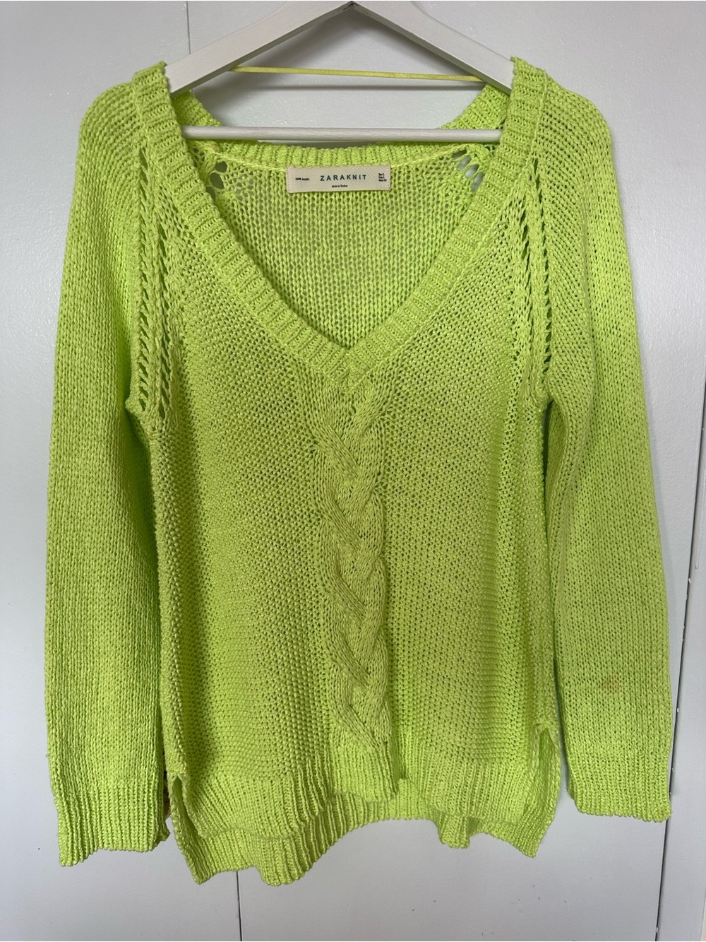 Zara Bright Lime V-Neck Cable Knit Sweater